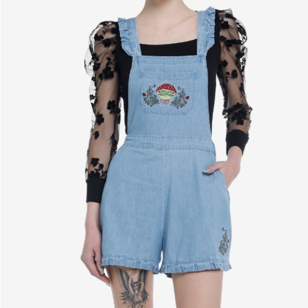 Frog With Mushroom Hat Ruffle Chambray Shortalls Hot Topic